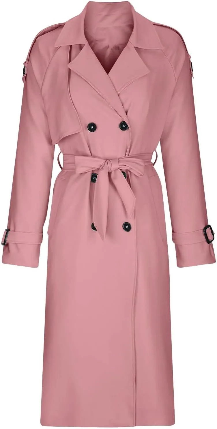 Women's Trench Coat Double Breasted Long Trench Coat Spring Fall Windproof Classic Lapel Overcoat with Belt