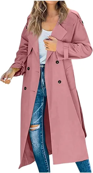 Women's Trench Coat Double Breasted Long Trench Coat Spring Fall Windproof Classic Lapel Overcoat with Belt