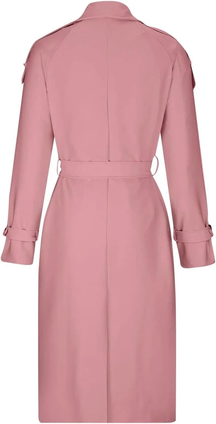 Women's Trench Coat Double Breasted Long Trench Coat Spring Fall Windproof Classic Lapel Overcoat with Belt
