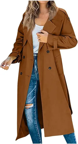 Women's Trench Coat Double Breasted Long Trench Coat Spring Fall Windproof Classic Lapel Overcoat with Belt