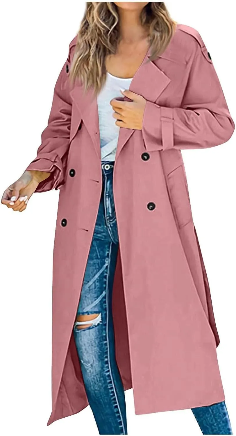 Women's Trench Coat Double Breasted Long Trench Coat Spring Fall Windproof Classic Lapel Overcoat with Belt
