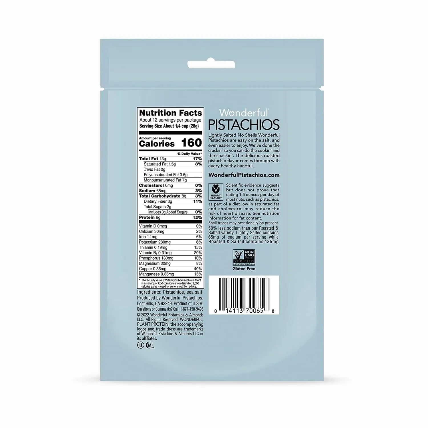 Wonderful Pistachios No Shells, Lightly Salted Nuts, 12 Ounce Resealable Bag, Protein Snacks, Gluten Free, Healthy Snack