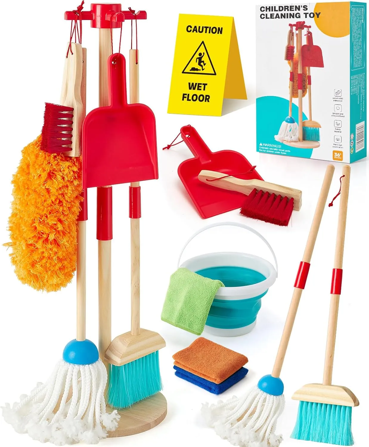 Wooden Kids Cleaning Toy Set Pretend Play Toys, 12 Pcs Toddlers Cleaning Mop Broom and Dustpan Set with Organizing Stand/Bucket/Duster/Brushes, Toddler Toys Gift for Boys Girls Aged 3 4 5 6