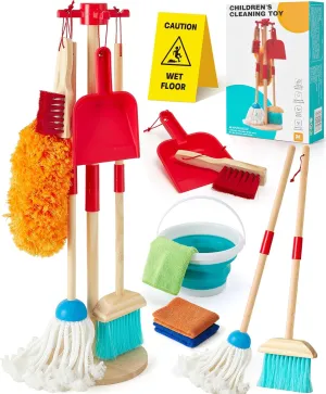 Wooden Kids Cleaning Toy Set Pretend Play Toys, 12 Pcs Toddlers Cleaning Mop Broom and Dustpan Set with Organizing Stand/Bucket/Duster/Brushes, Toddler Toys Gift for Boys Girls Aged 3 4 5 6