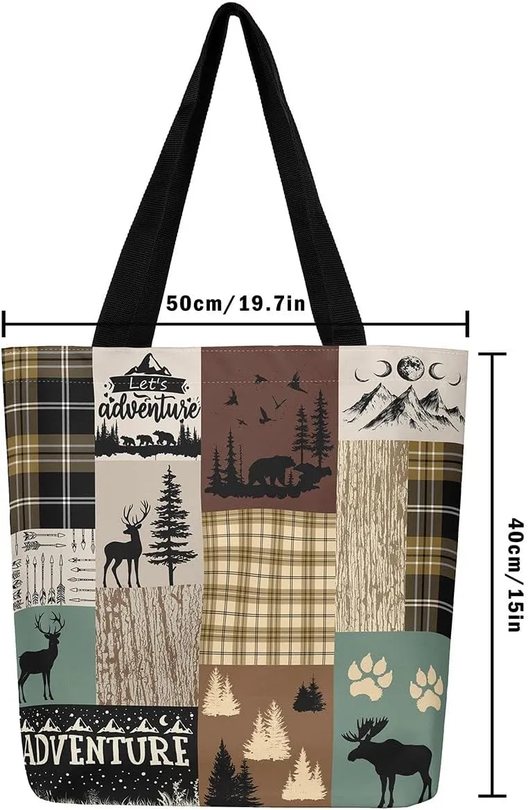 Woodland Animals Canvas Tote Bag for Women,Lodge Cabin Foldable Handbag,Rustic Bear Elk Deer Grocery Shoulder Bag