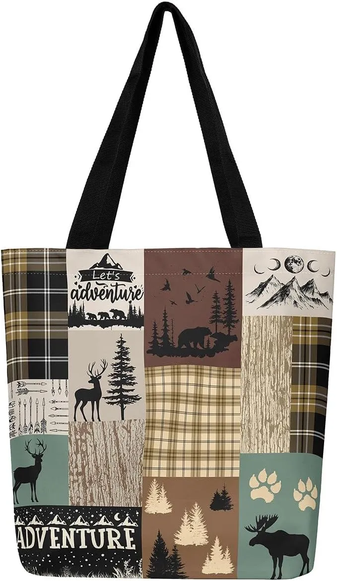 Woodland Animals Canvas Tote Bag for Women,Lodge Cabin Foldable Handbag,Rustic Bear Elk Deer Grocery Shoulder Bag