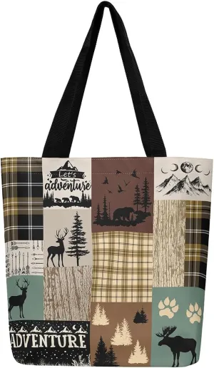 Woodland Animals Canvas Tote Bag for Women,Lodge Cabin Foldable Handbag,Rustic Bear Elk Deer Grocery Shoulder Bag