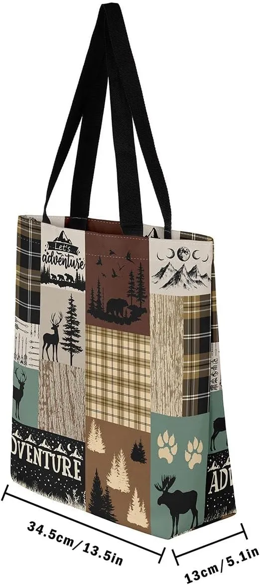 Woodland Animals Canvas Tote Bag for Women,Lodge Cabin Foldable Handbag,Rustic Bear Elk Deer Grocery Shoulder Bag