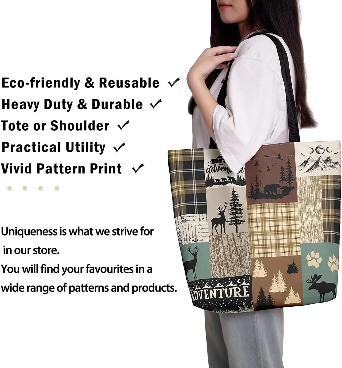 Woodland Animals Canvas Tote Bag for Women,Lodge Cabin Foldable Handbag,Rustic Bear Elk Deer Grocery Shoulder Bag