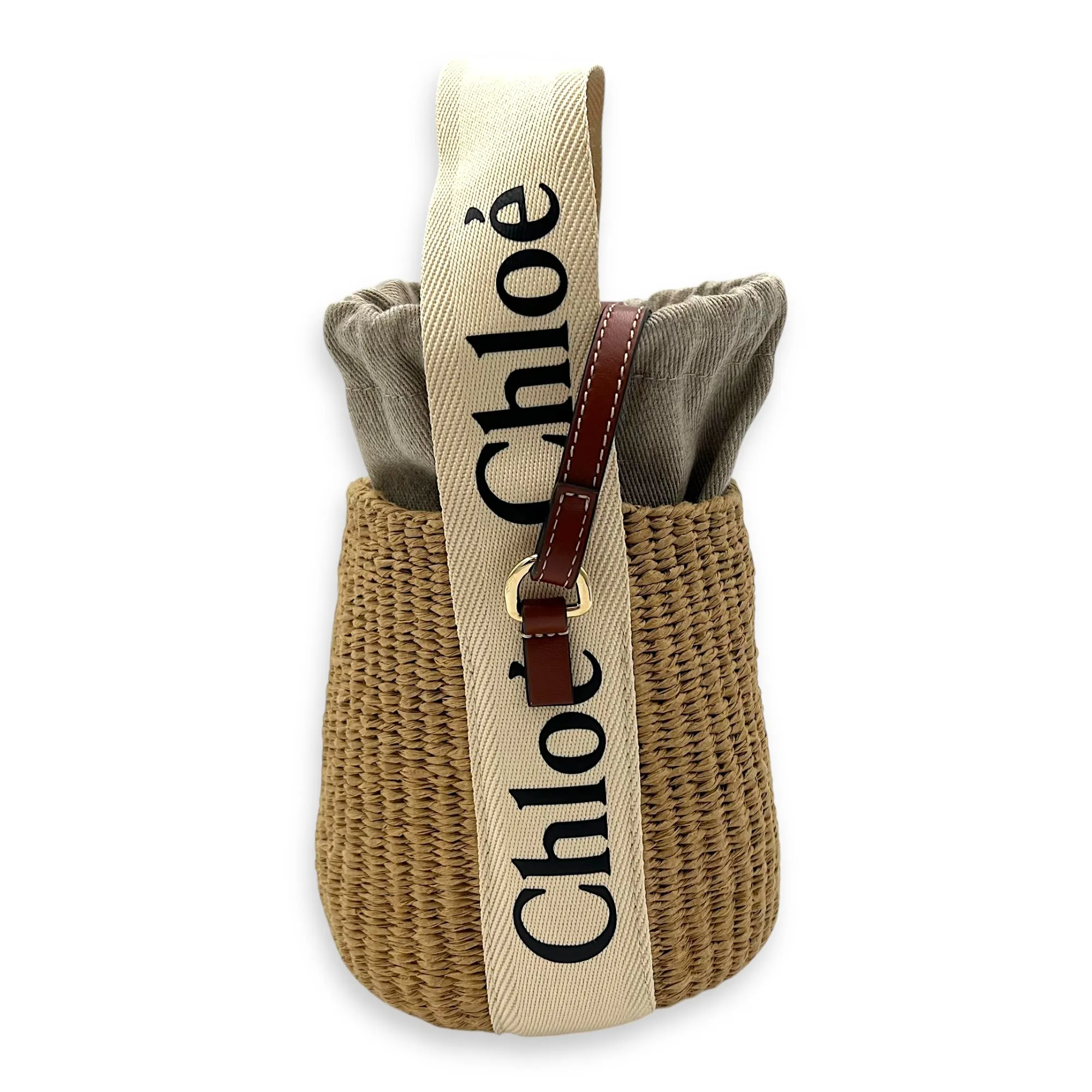 Woody Beige Bucket Bag in Raffia, Gold hardware