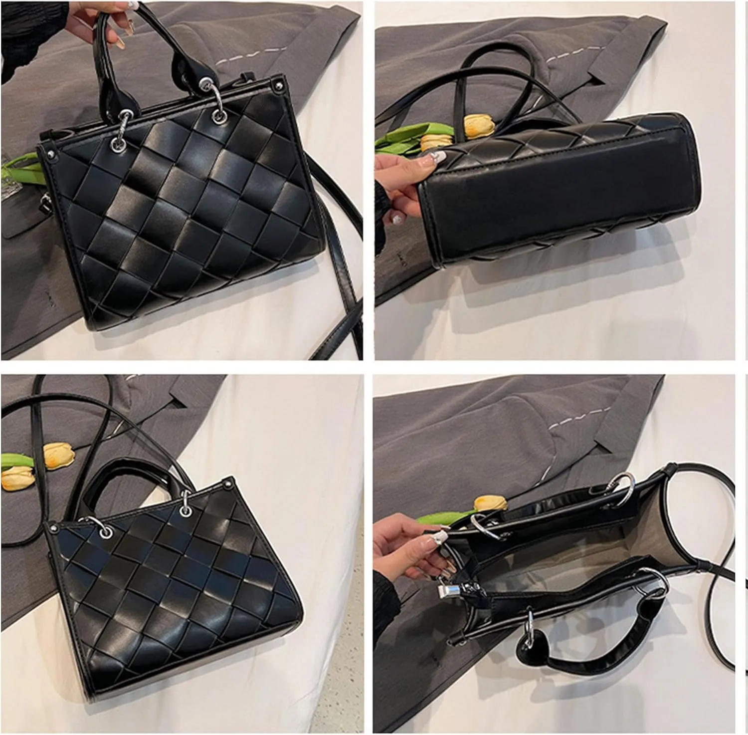 Woven Tote Bag for Women Vegan Leather Top Handle Summer Beach Purses and Handbags Handmade Shoulder Bag Crossbody