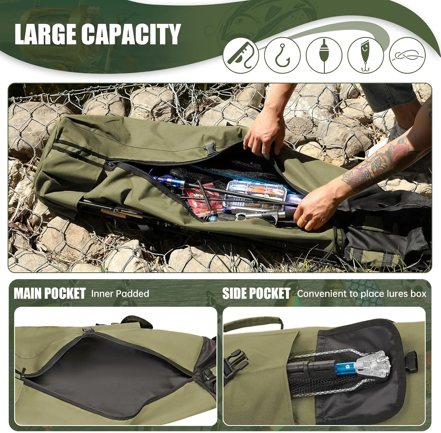 Wowelife Fishing Rod Carrier - Pole Bag Reel Organizer Case Storage for Gear, Travel - Gifts for Men, Family