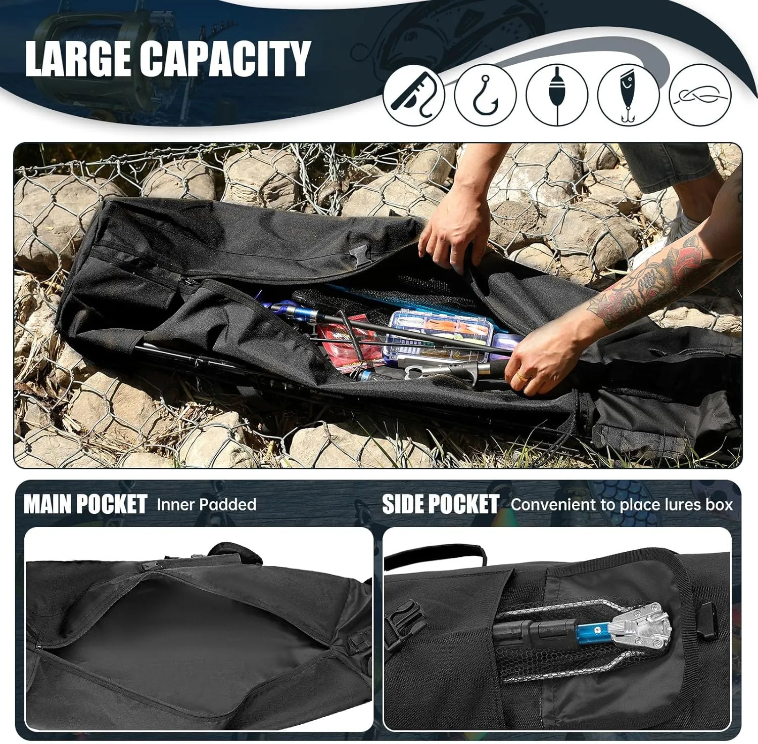 Wowelife Fishing Rod Carrier - Pole Bag Reel Organizer Case Storage for Gear, Travel - Gifts for Men, Family