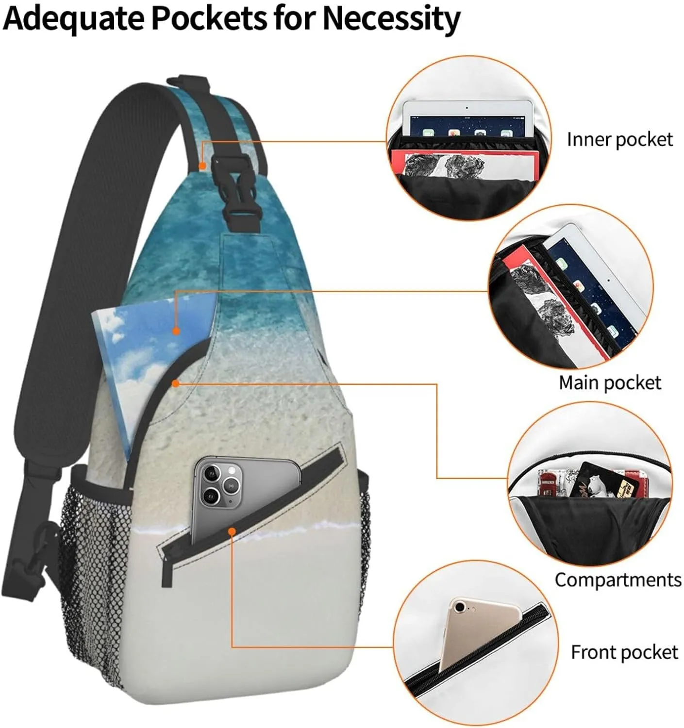 WURTON Beach Clear Sea Sand Print Crossbody Sling Backpack Sling Bag Travel Hiking Chest Bag Daypack