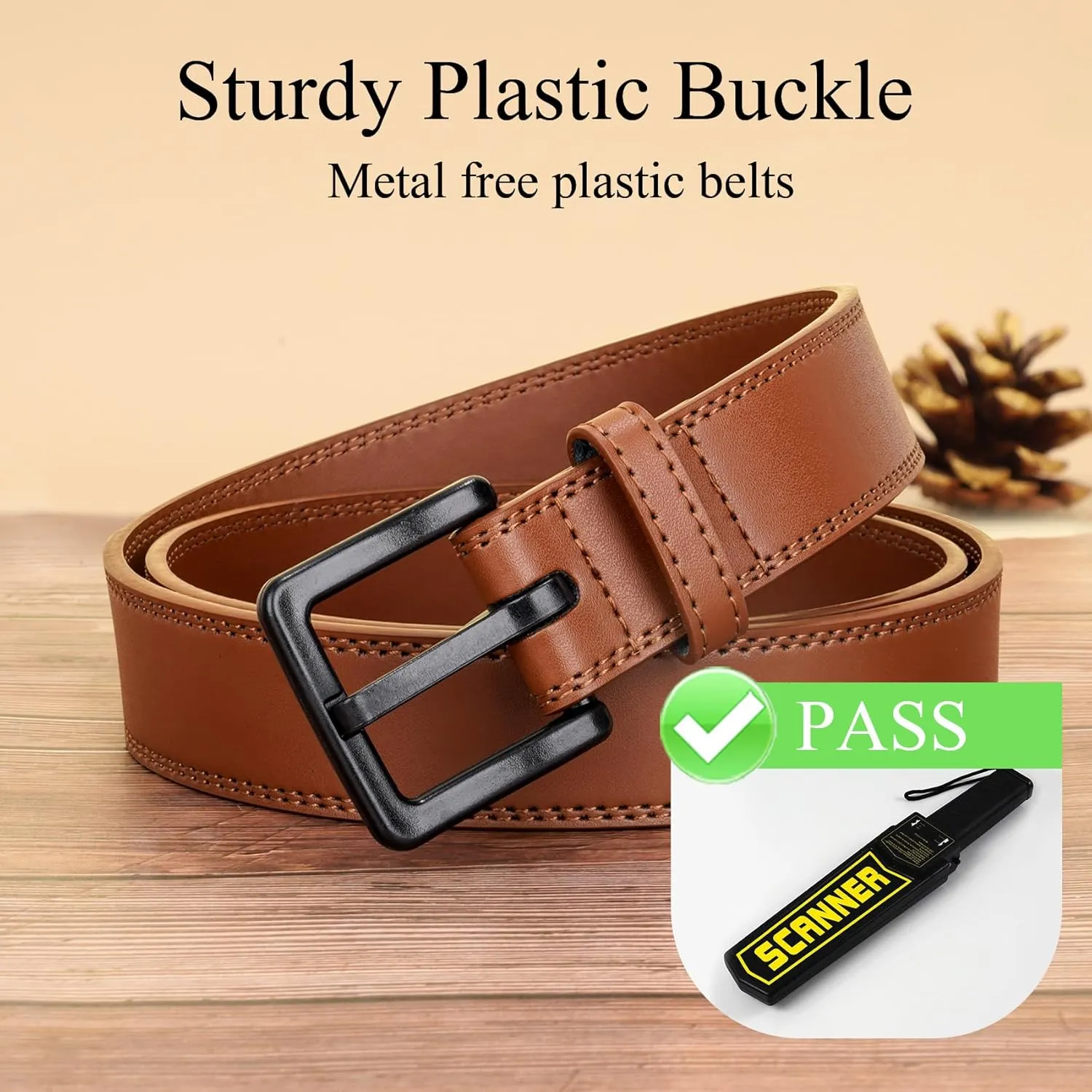 XZQTIVE Men’s Metal Free Belt Hypoallergenic Leather Belts For Jeans Dress Nickle Free TSA Belt With Black Buckle