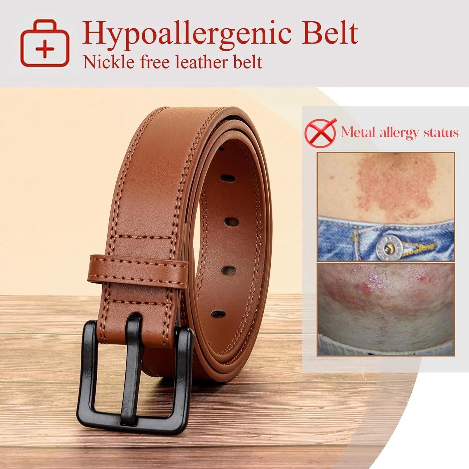 XZQTIVE Men’s Metal Free Belt Hypoallergenic Leather Belts For Jeans Dress Nickle Free TSA Belt With Black Buckle