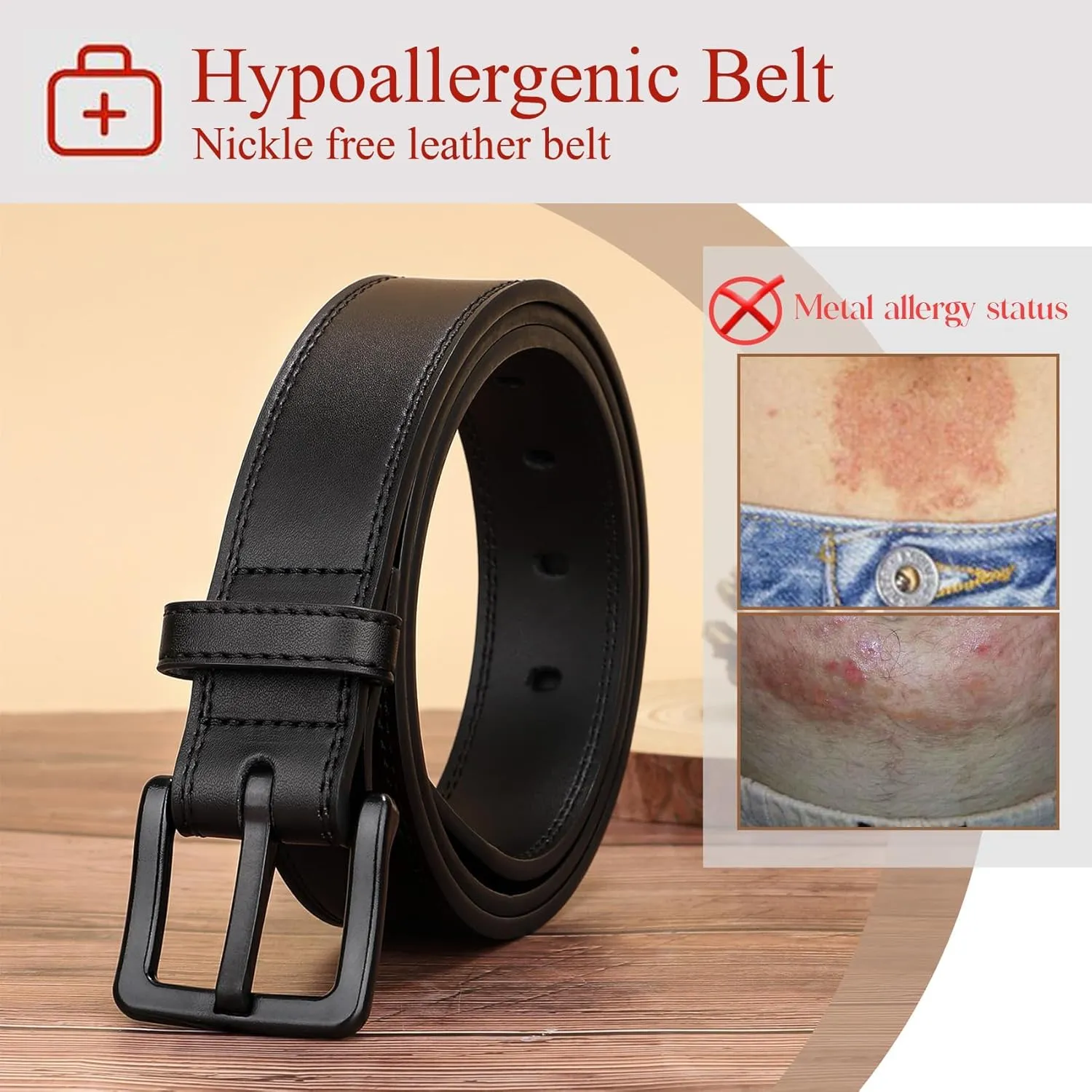 XZQTIVE Men’s Metal Free Belt Hypoallergenic Leather Belts For Jeans Dress Nickle Free TSA Belt With Black Buckle