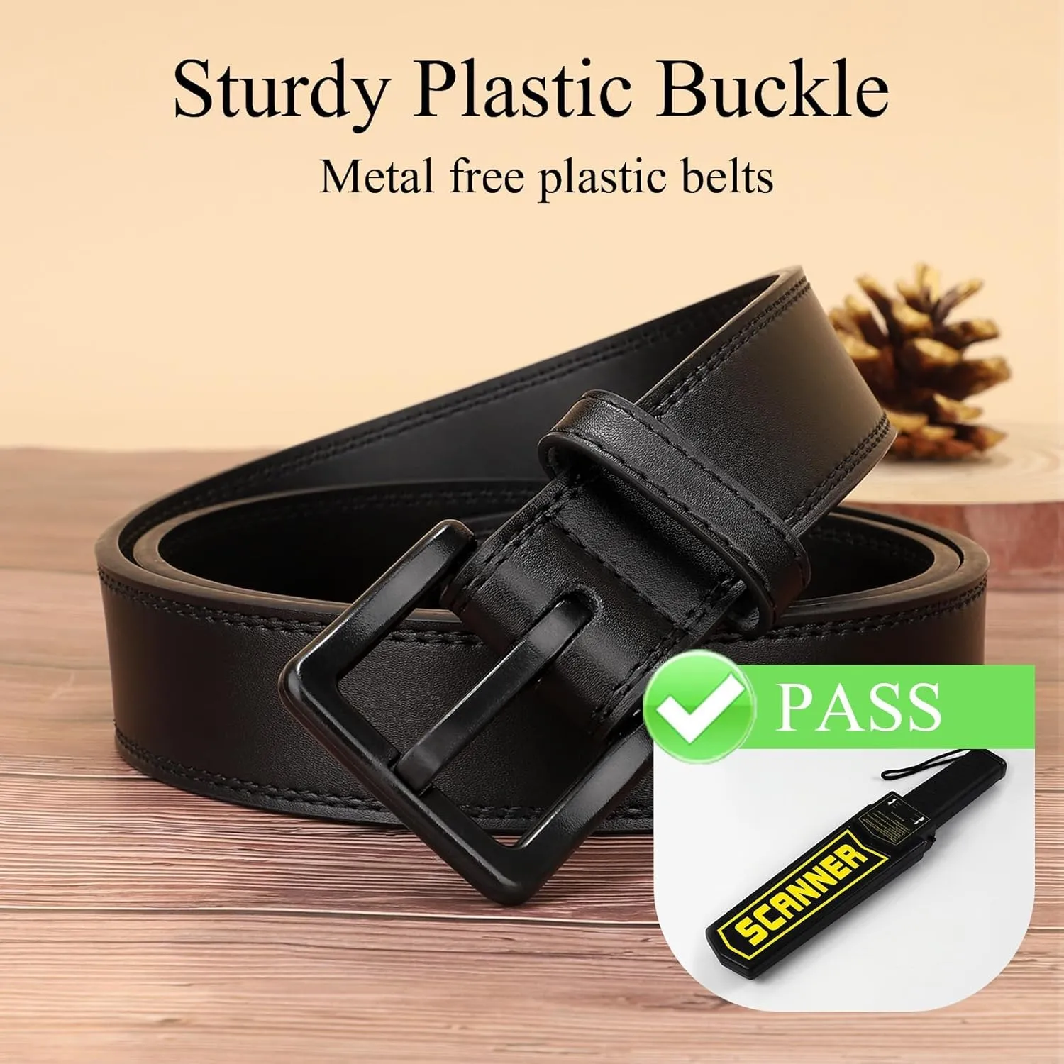 XZQTIVE Men’s Metal Free Belt Hypoallergenic Leather Belts For Jeans Dress Nickle Free TSA Belt With Black Buckle