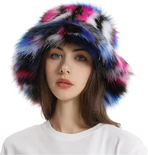 yamerbo Women Fuzzy Bucket Hat Winter Fluffy Furry Plush Faux Fur Hats Warm Plush Multicolored Bucket Hat