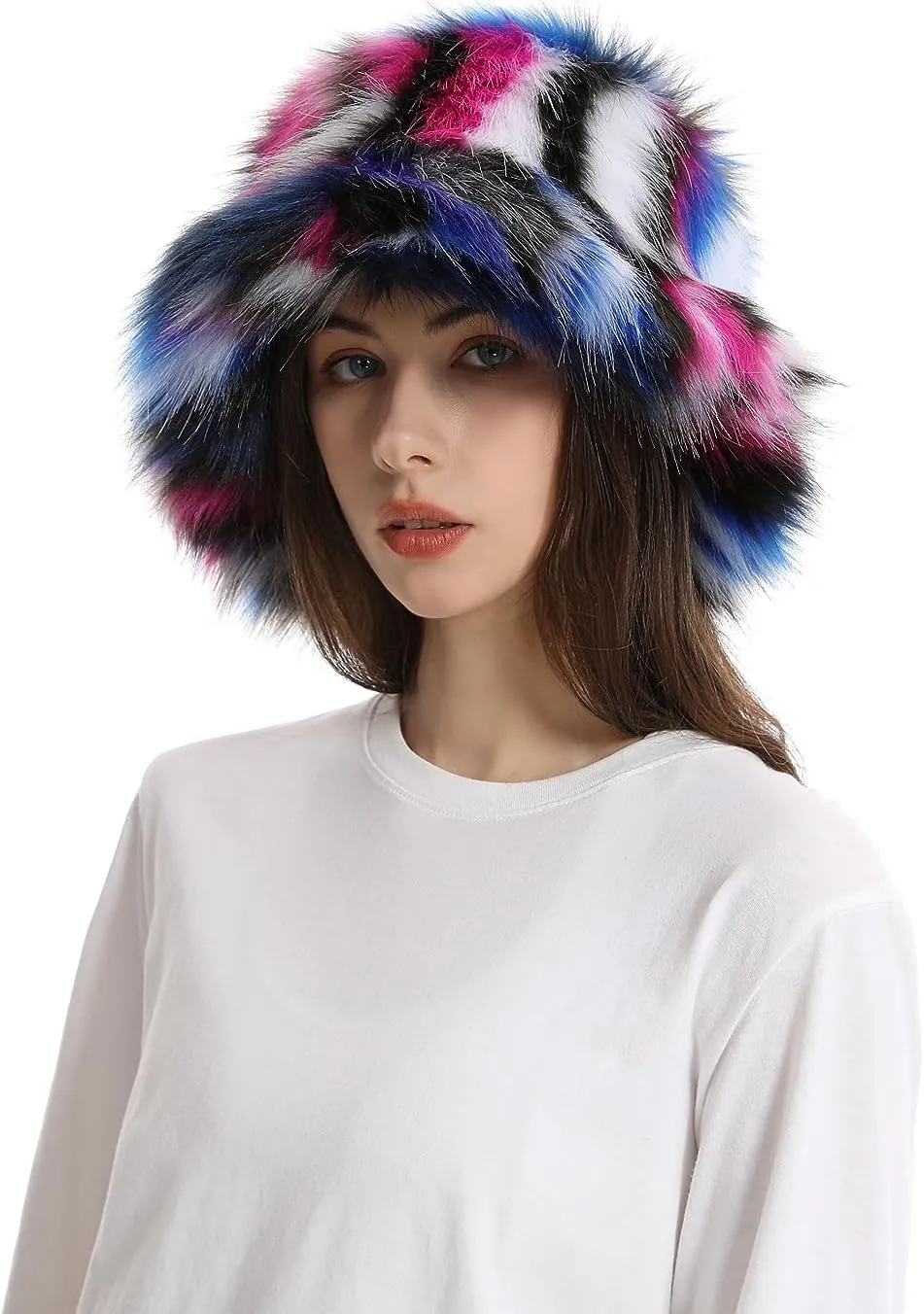 yamerbo Women Fuzzy Bucket Hat Winter Fluffy Furry Plush Faux Fur Hats Warm Plush Multicolored Bucket Hat