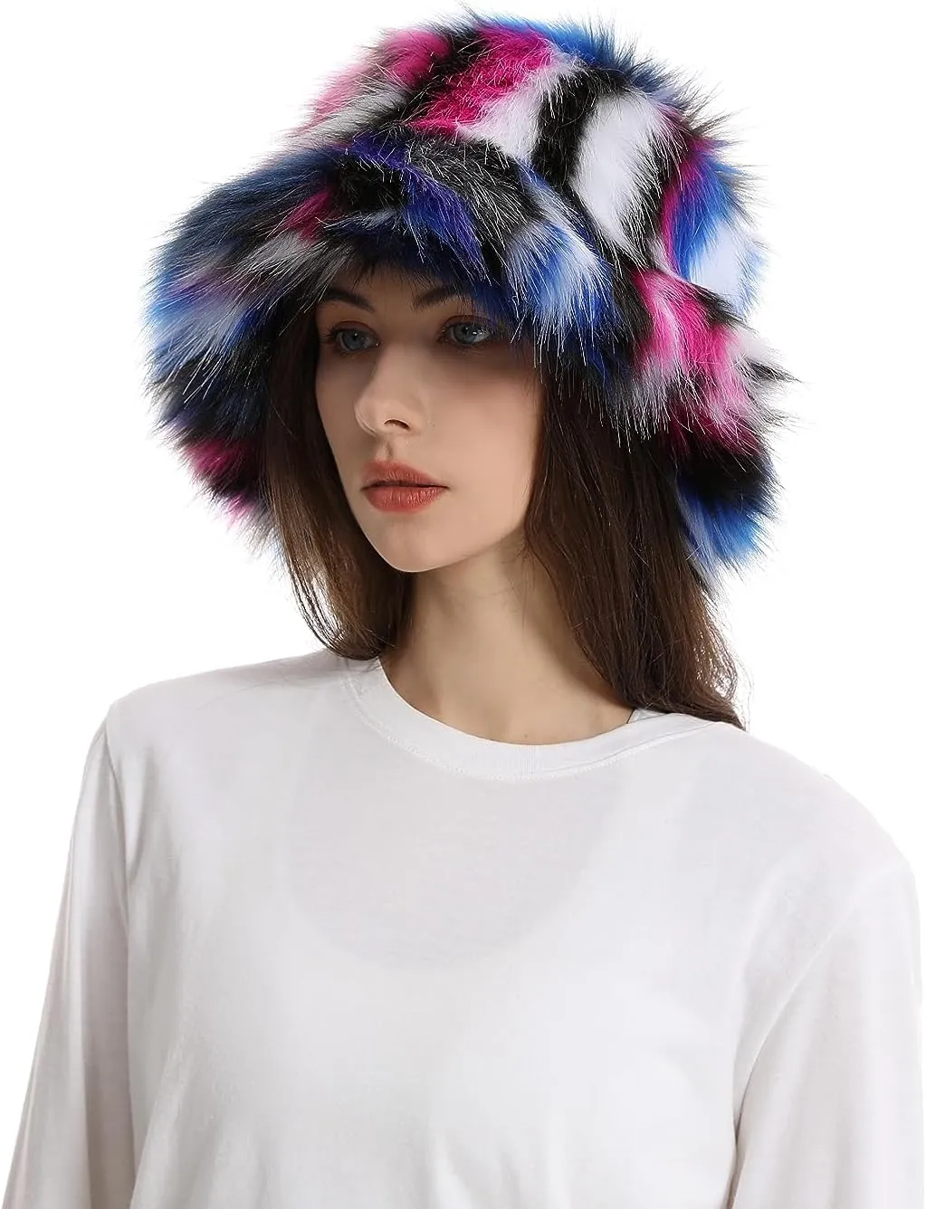 yamerbo Women Fuzzy Bucket Hat Winter Fluffy Furry Plush Faux Fur Hats Warm Plush Multicolored Bucket Hat
