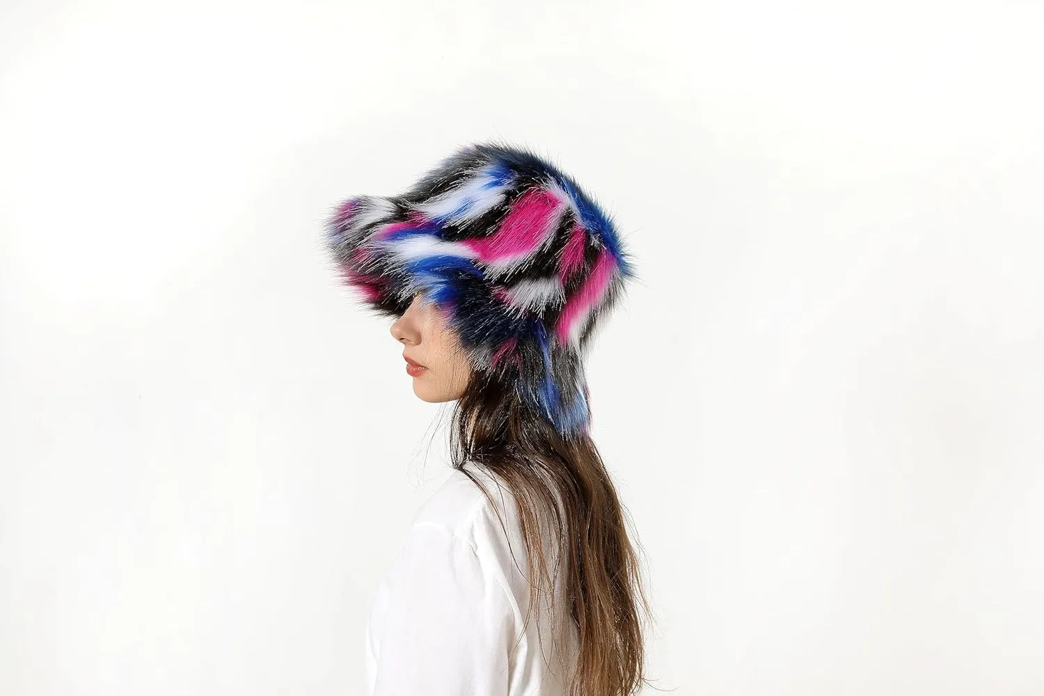 yamerbo Women Fuzzy Bucket Hat Winter Fluffy Furry Plush Faux Fur Hats Warm Plush Multicolored Bucket Hat