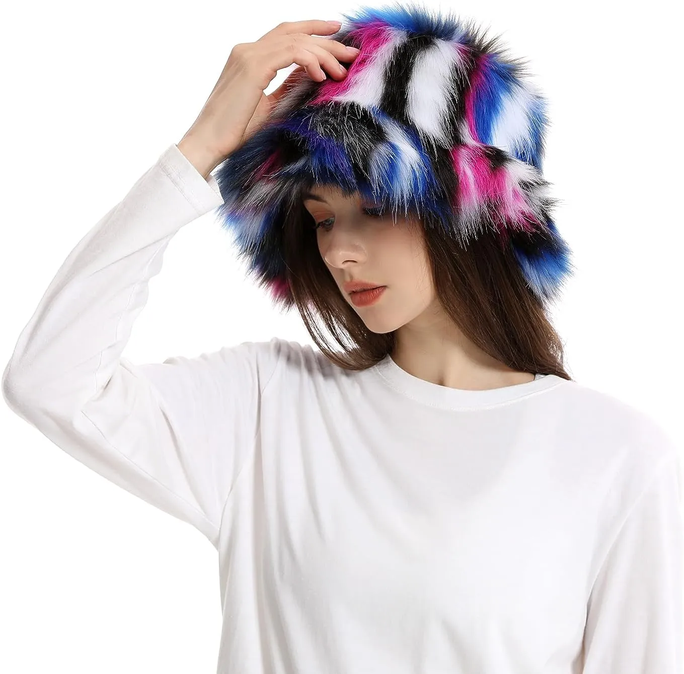 yamerbo Women Fuzzy Bucket Hat Winter Fluffy Furry Plush Faux Fur Hats Warm Plush Multicolored Bucket Hat