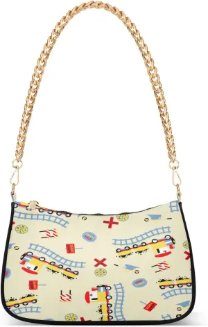 Yellow Train Railway Womens Shoulder Bag for Women Girls Hobo Tote Handbag Gold Chain Crossbody Bag with Zipper Clutch Purse Handbags