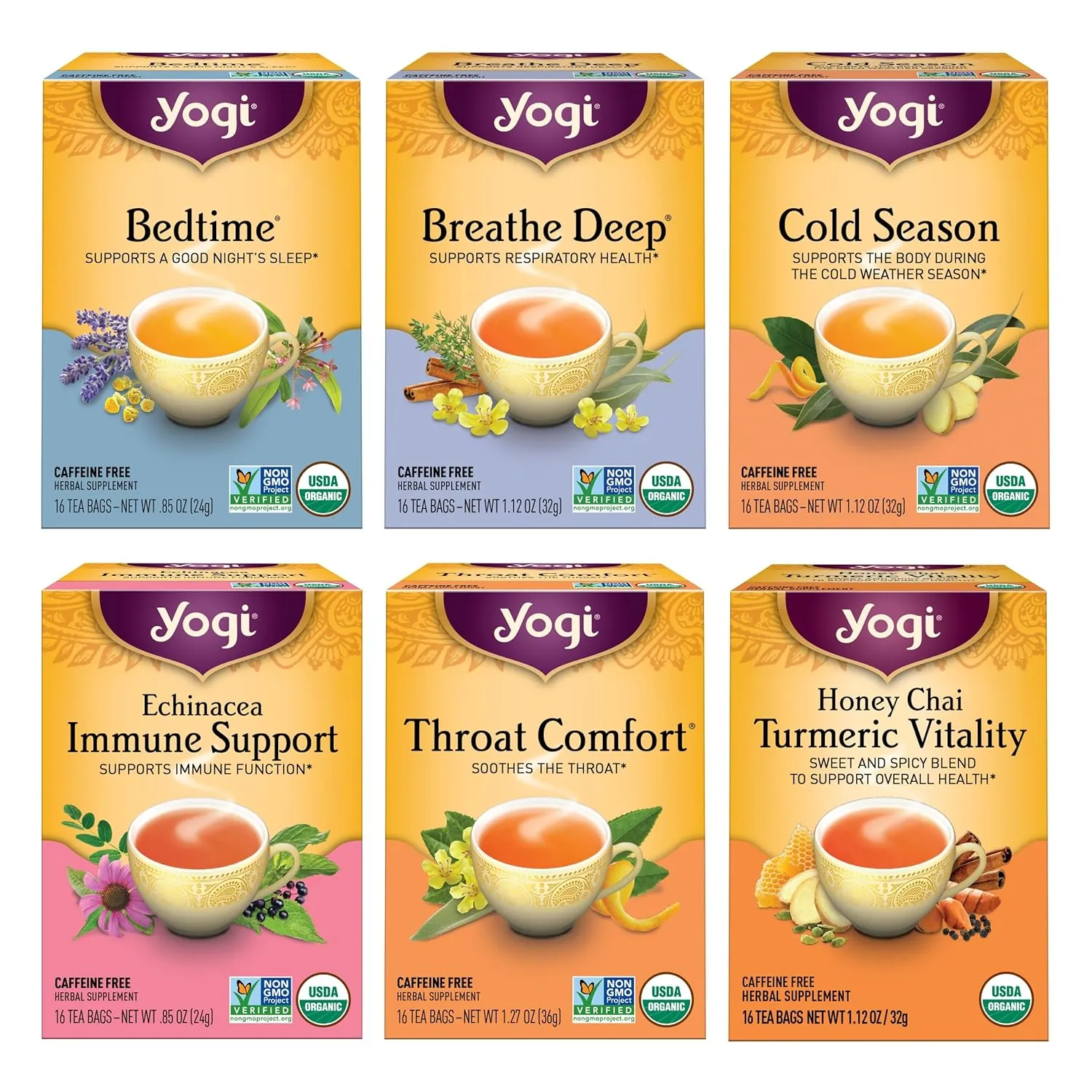 Yogi Tea Get Well Variety Pack - 6 Packs of 16 Tea Bags for Cold Season Support - Includes Bedtime, Breathe Deep, Echinacea Immune Support Teas and More