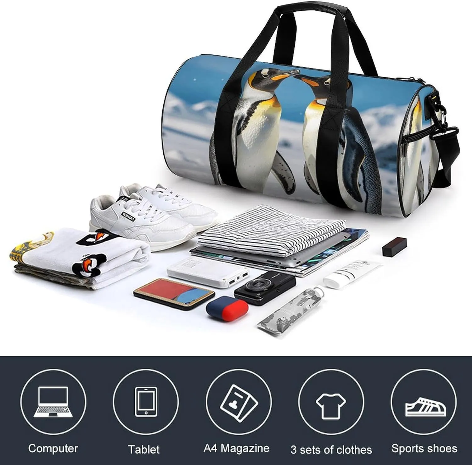 Young Penguins With Snow Gym Bag Small Travel Duffle Bag with Compartment Carry On Weekender Bag for Women Men