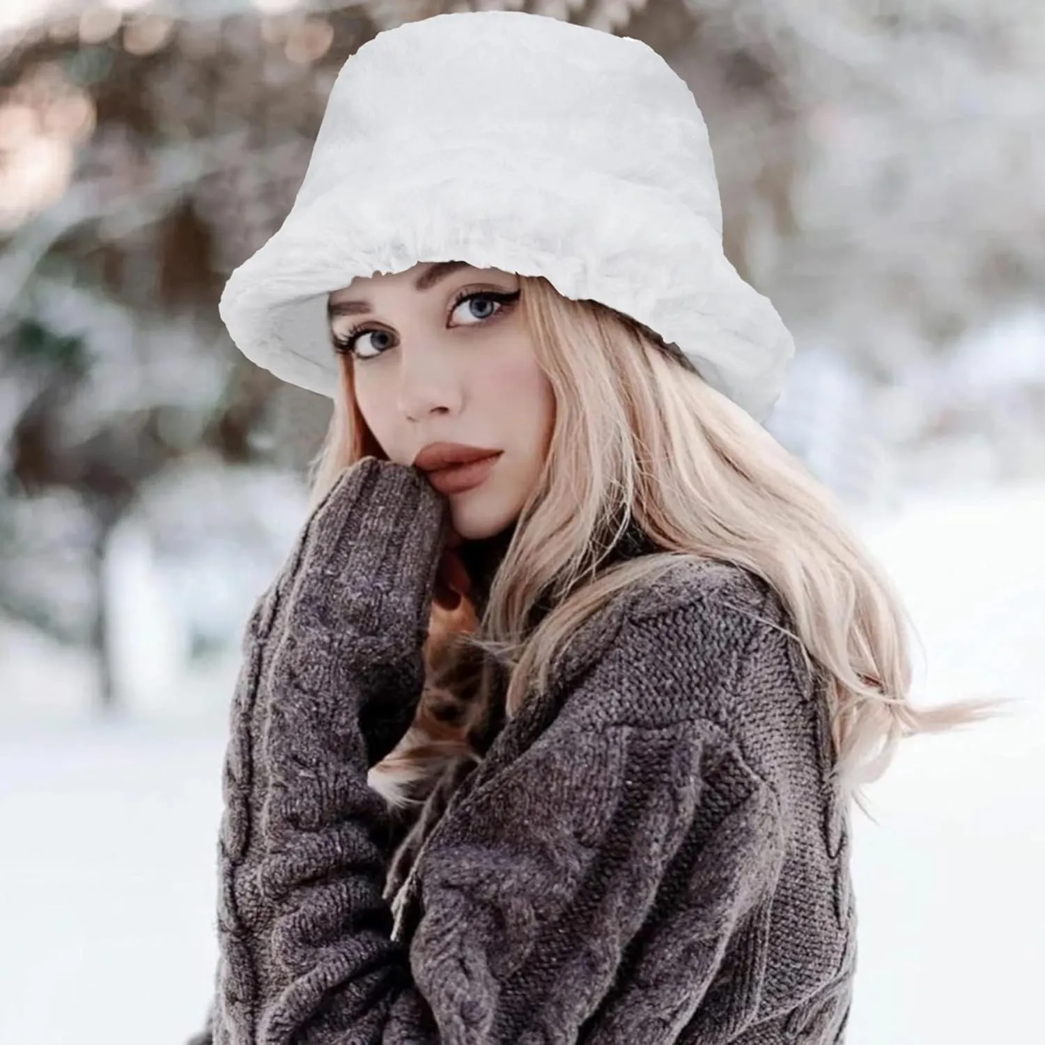 Zando Fuzzy Winter Warm Faux Fur Bucket Hat - Cute Soft Fluffy Rave Fisherman Cap