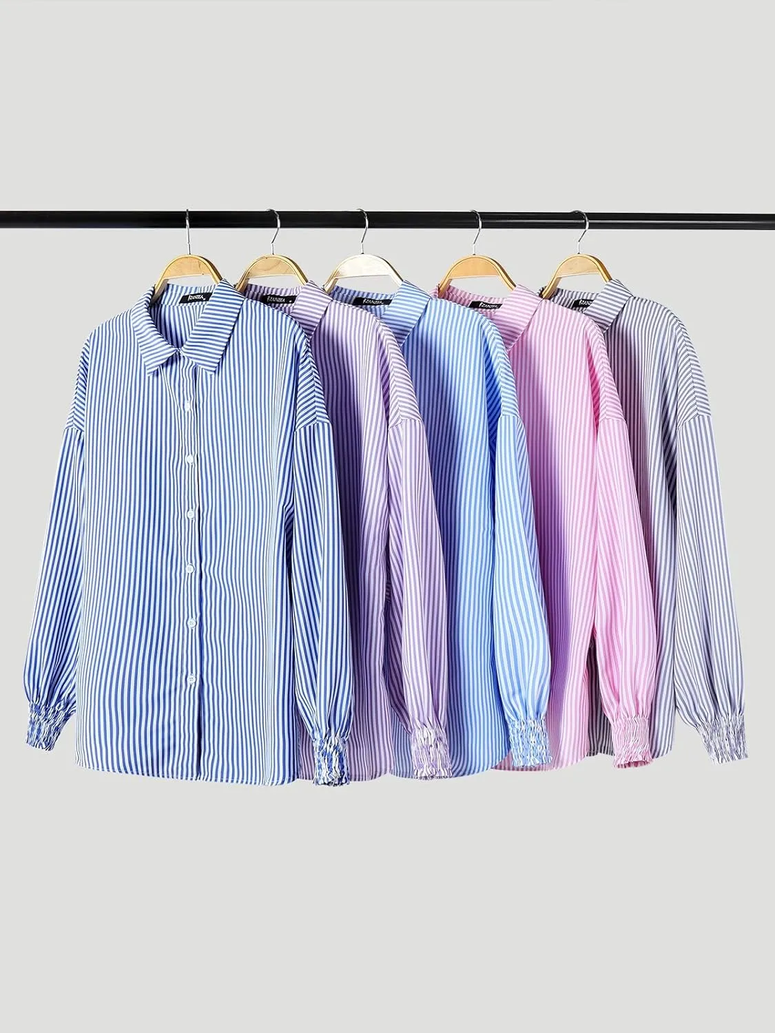 ZANZEA Womens Striped Button Down Shirts Classic Long Sleeve Smocked Cuffed Office Work Blouses Tops