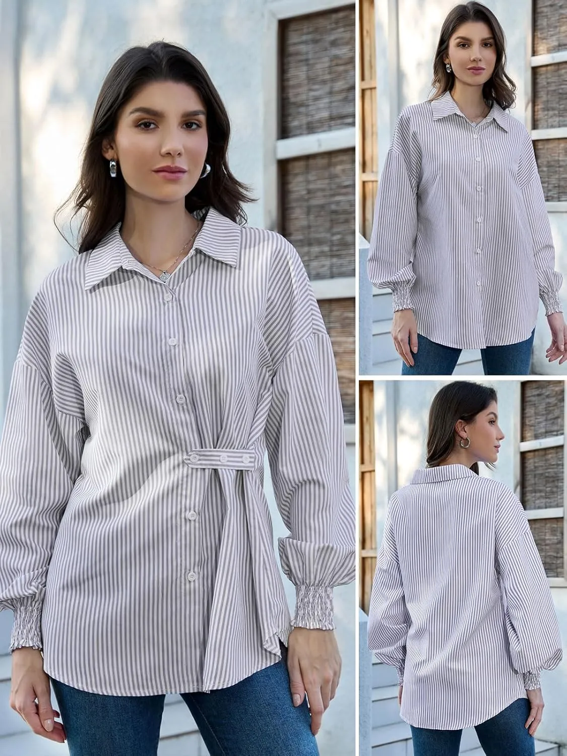 ZANZEA Womens Striped Button Down Shirts Classic Long Sleeve Smocked Cuffed Office Work Blouses Tops