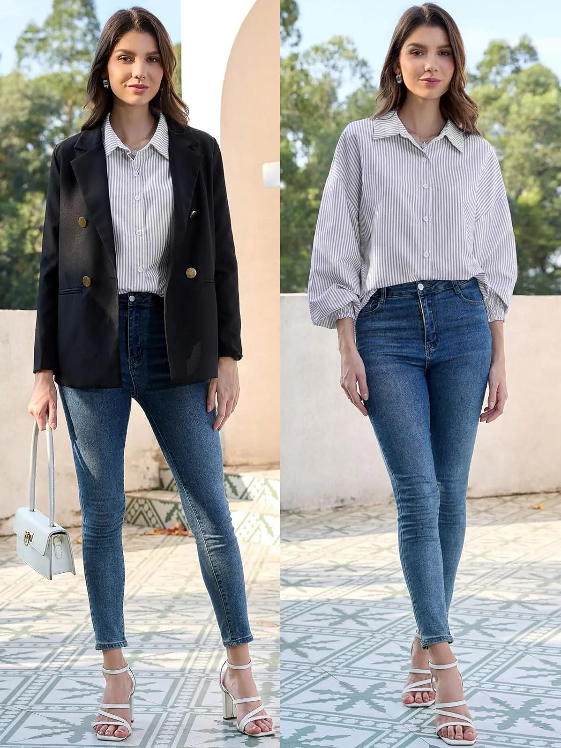 ZANZEA Womens Striped Button Down Shirts Classic Long Sleeve Smocked Cuffed Office Work Blouses Tops