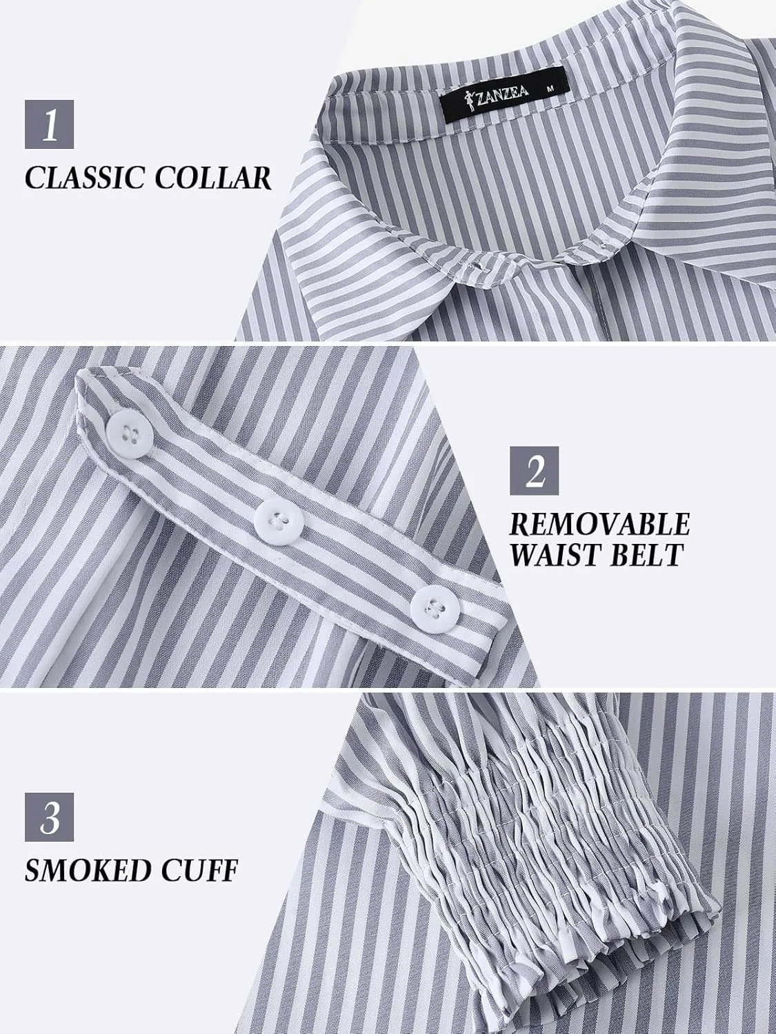 ZANZEA Womens Striped Button Down Shirts Classic Long Sleeve Smocked Cuffed Office Work Blouses Tops