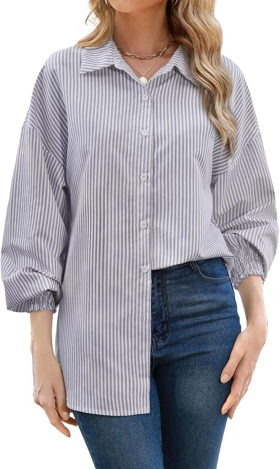 ZANZEA Womens Striped Button Down Shirts Classic Long Sleeve Smocked Cuffed Office Work Blouses Tops