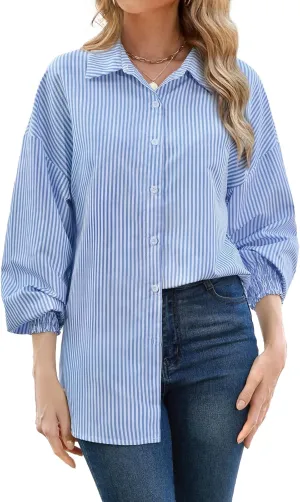 ZANZEA Womens Striped Button Down Shirts Classic Long Sleeve Smocked Cuffed Office Work Blouses Tops