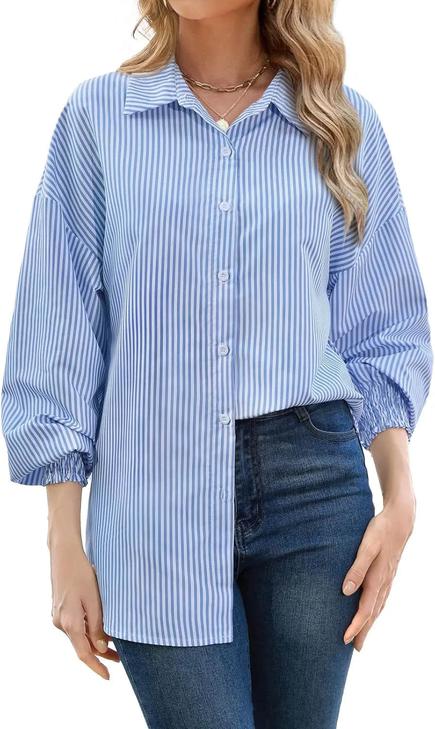 ZANZEA Womens Striped Button Down Shirts Classic Long Sleeve Smocked Cuffed Office Work Blouses Tops