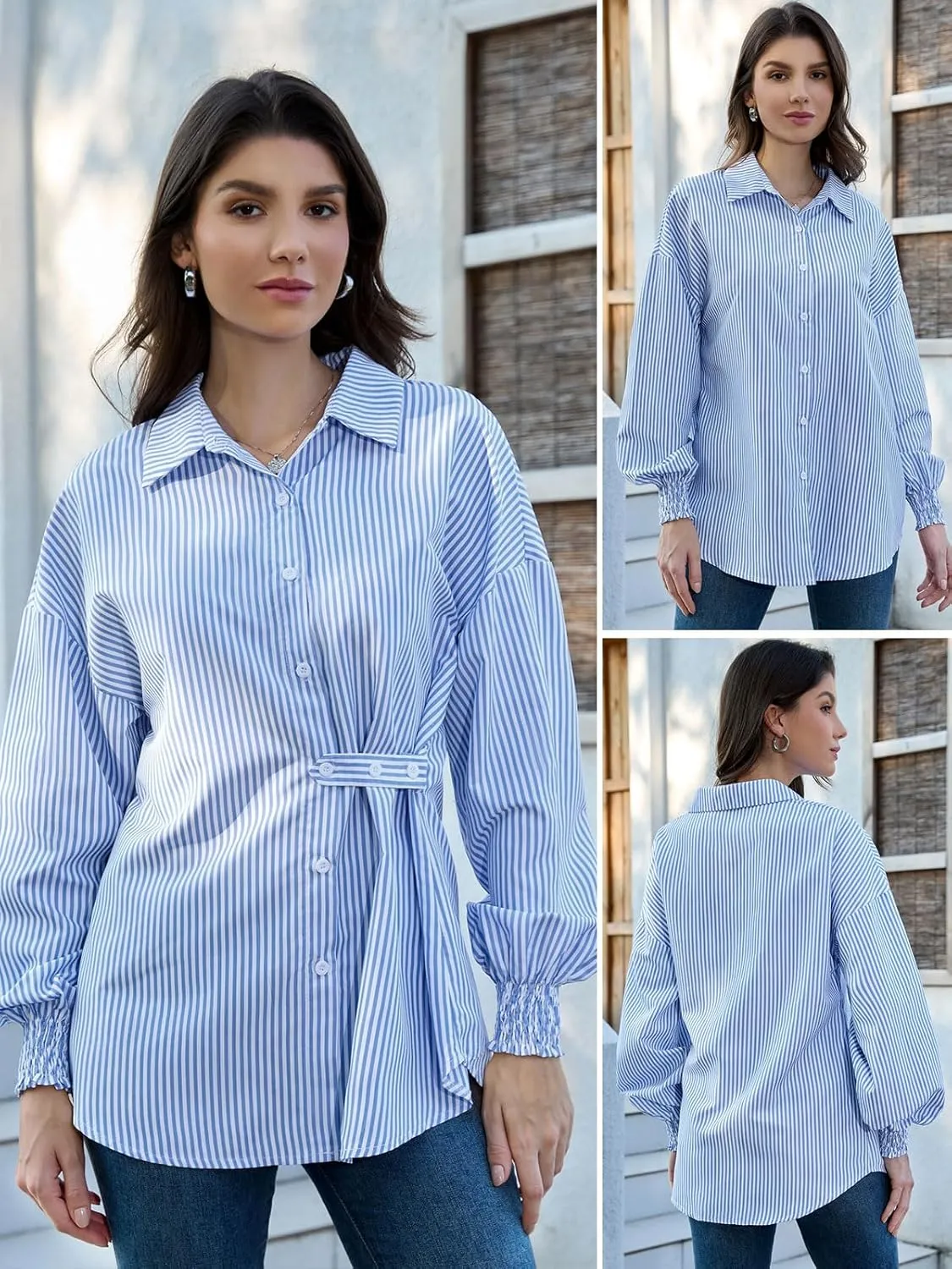 ZANZEA Womens Striped Button Down Shirts Classic Long Sleeve Smocked Cuffed Office Work Blouses Tops