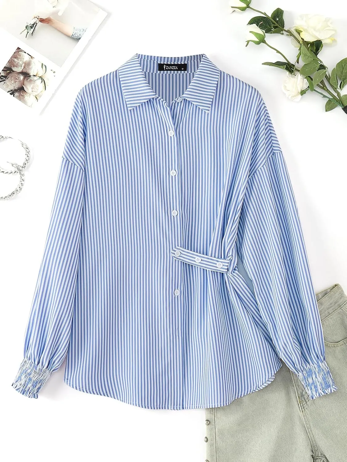 ZANZEA Womens Striped Button Down Shirts Classic Long Sleeve Smocked Cuffed Office Work Blouses Tops