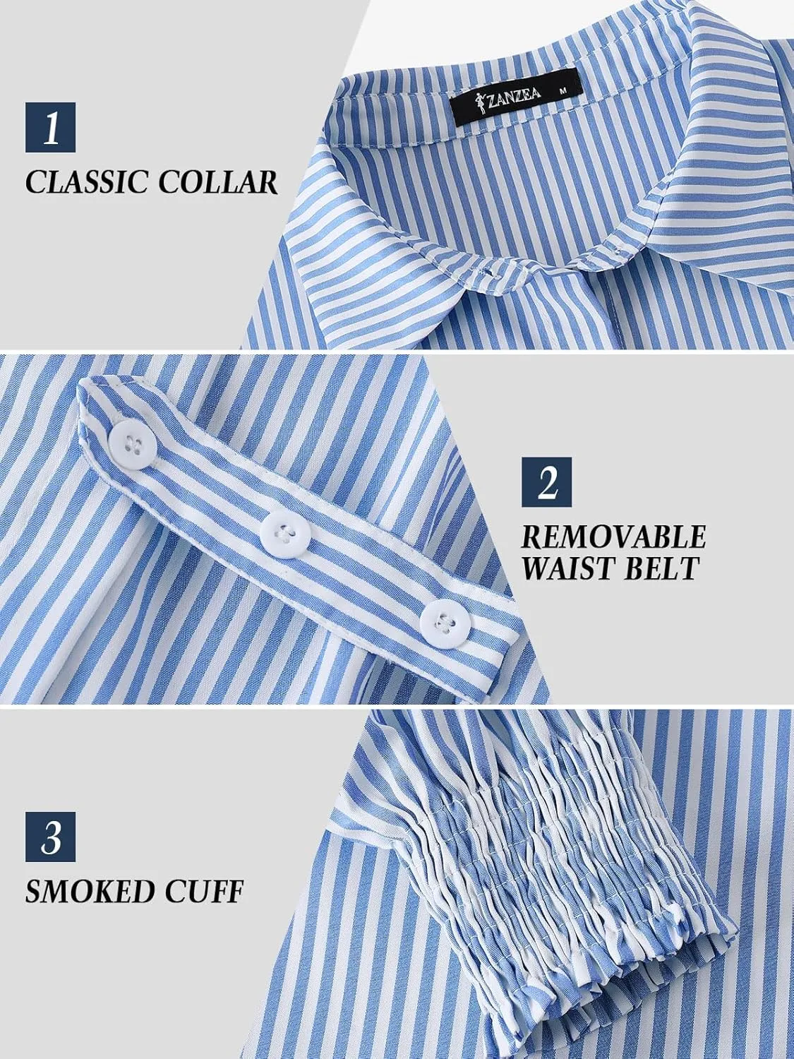ZANZEA Womens Striped Button Down Shirts Classic Long Sleeve Smocked Cuffed Office Work Blouses Tops
