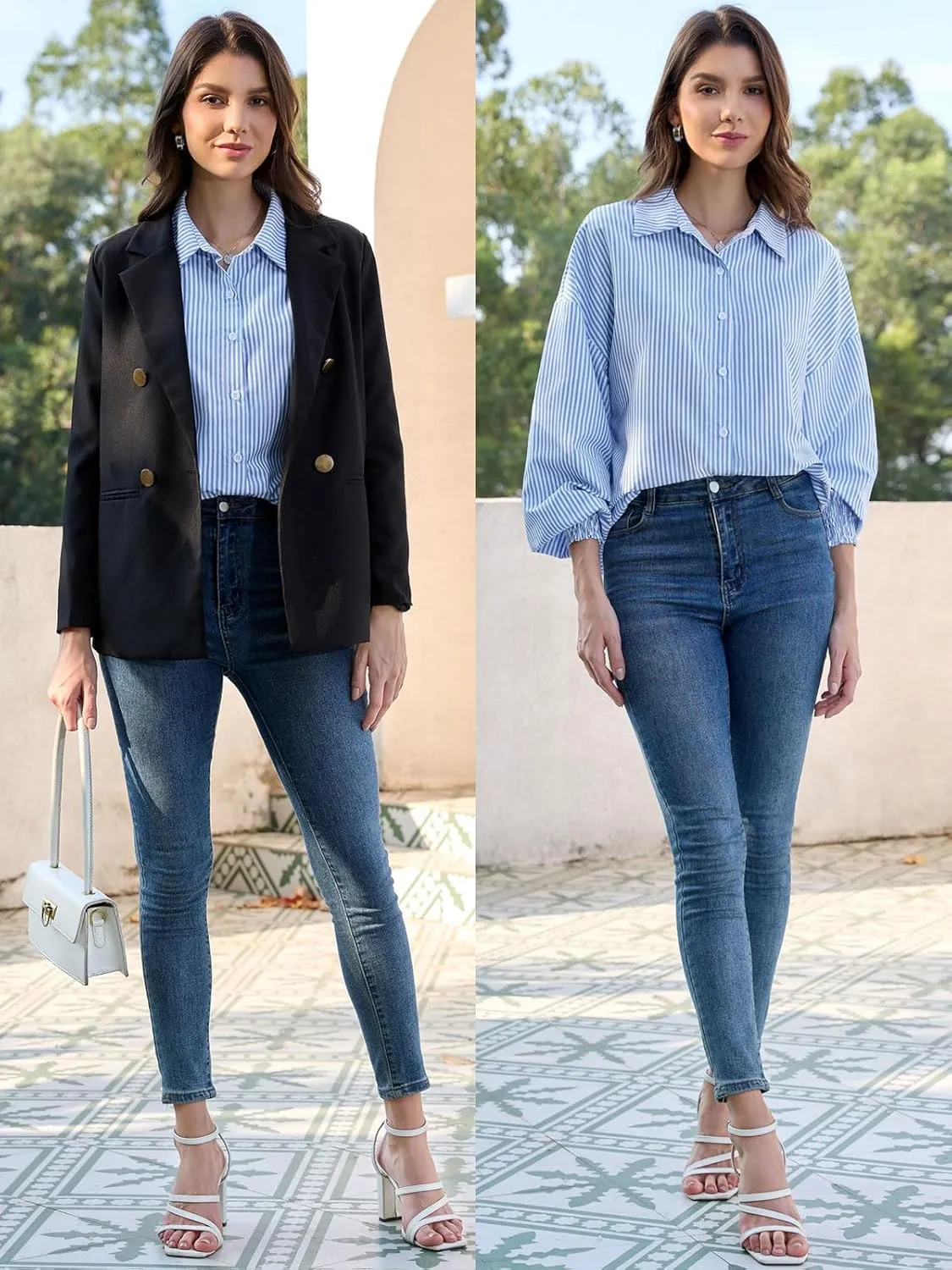 ZANZEA Womens Striped Button Down Shirts Classic Long Sleeve Smocked Cuffed Office Work Blouses Tops