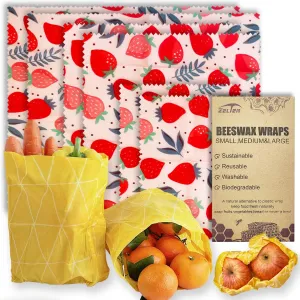 Zelten Beeswax Reusable Food Wraps - (6 Packs, 3 Sizes S,M,L, with 1 Meter Hemp Rope, Two Buttons) Plastic and Silicone Free, Eco-friendly Wrap, Wax Paper for Food,Strawberry