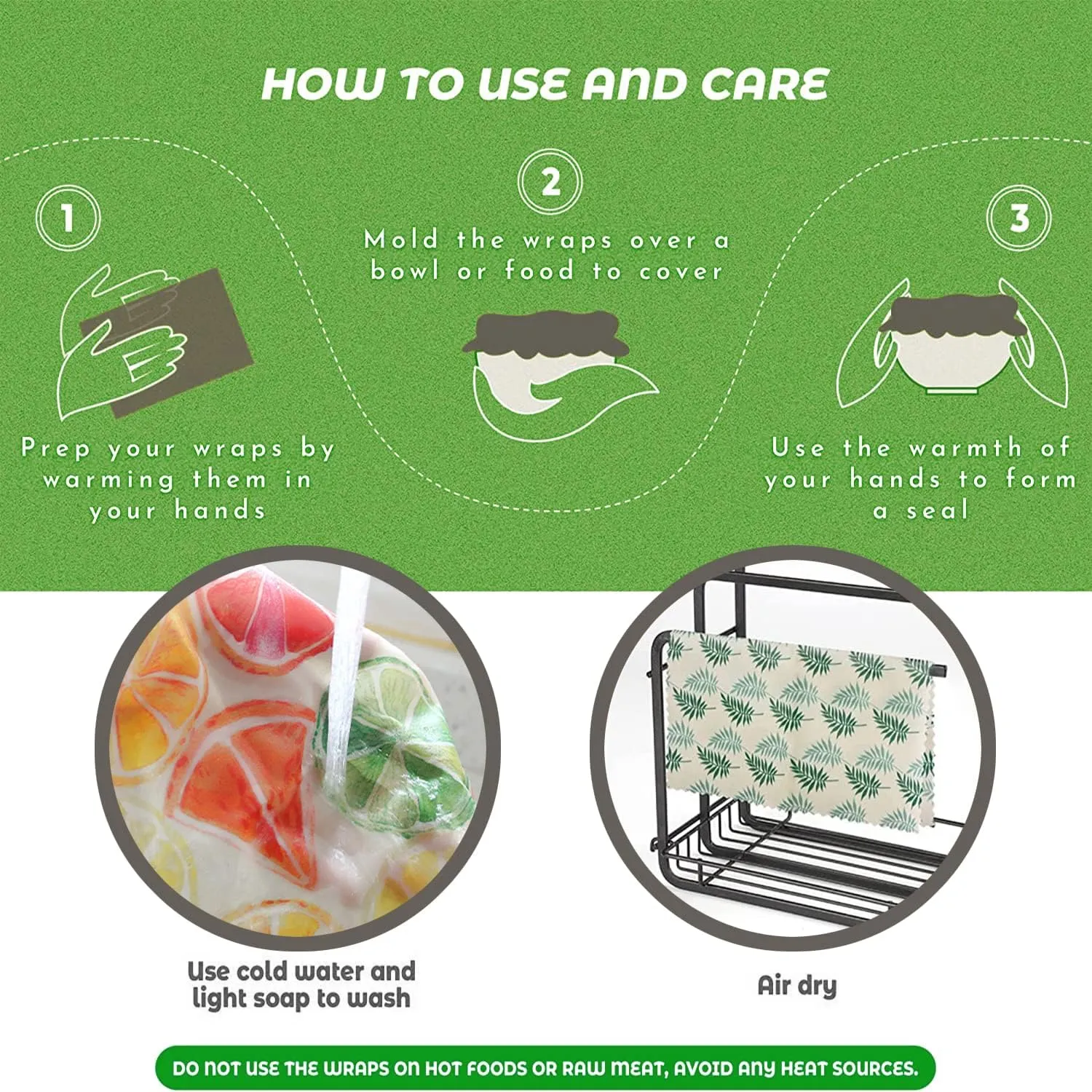 Zelten Beeswax Reusable Food Wraps - (6 Packs, 3 Sizes S,M,L, with 1 Meter Hemp Rope, Two Buttons) Plastic and Silicone Free, Eco-friendly Wrap, Wax Paper for Food,Strawberry