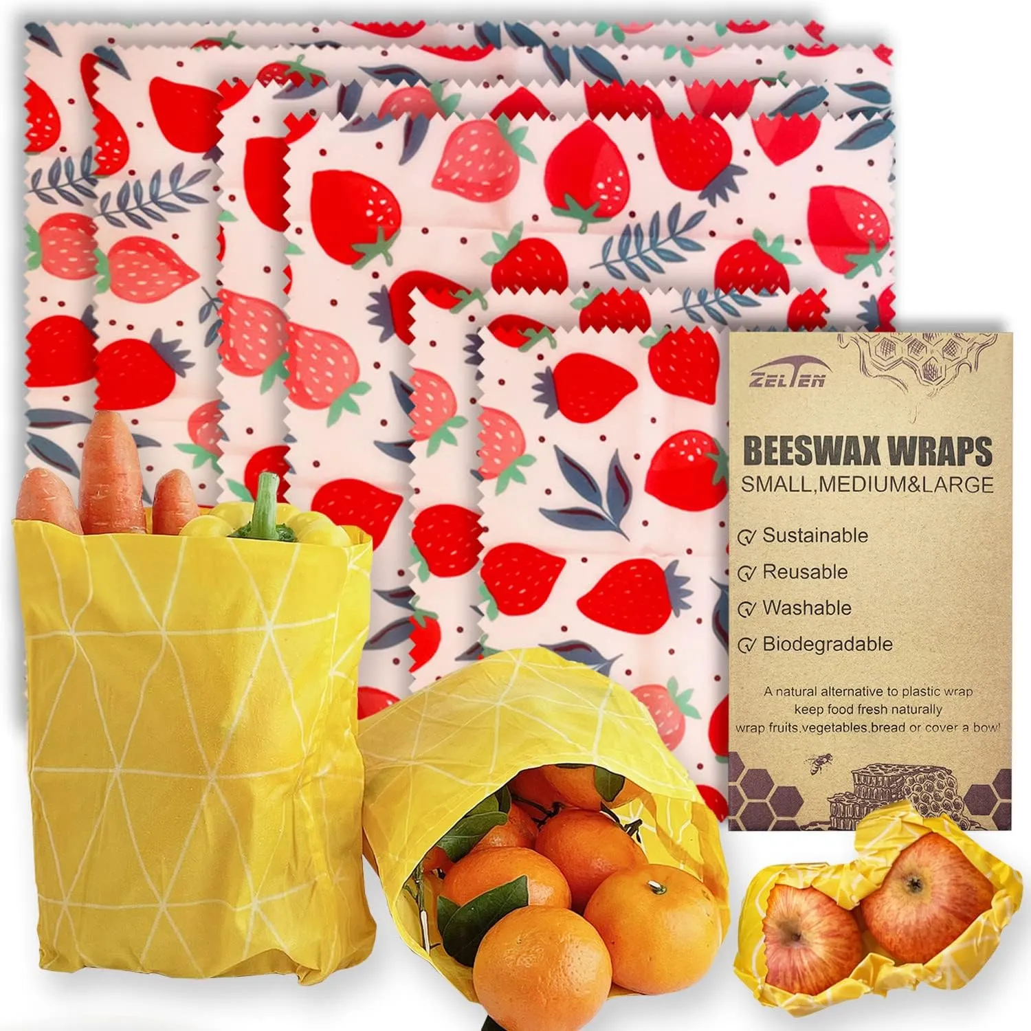 Zelten Beeswax Reusable Food Wraps - (6 Packs, 3 Sizes S,M,L, with 1 Meter Hemp Rope, Two Buttons) Plastic and Silicone Free, Eco-friendly Wrap, Wax Paper for Food,Strawberry