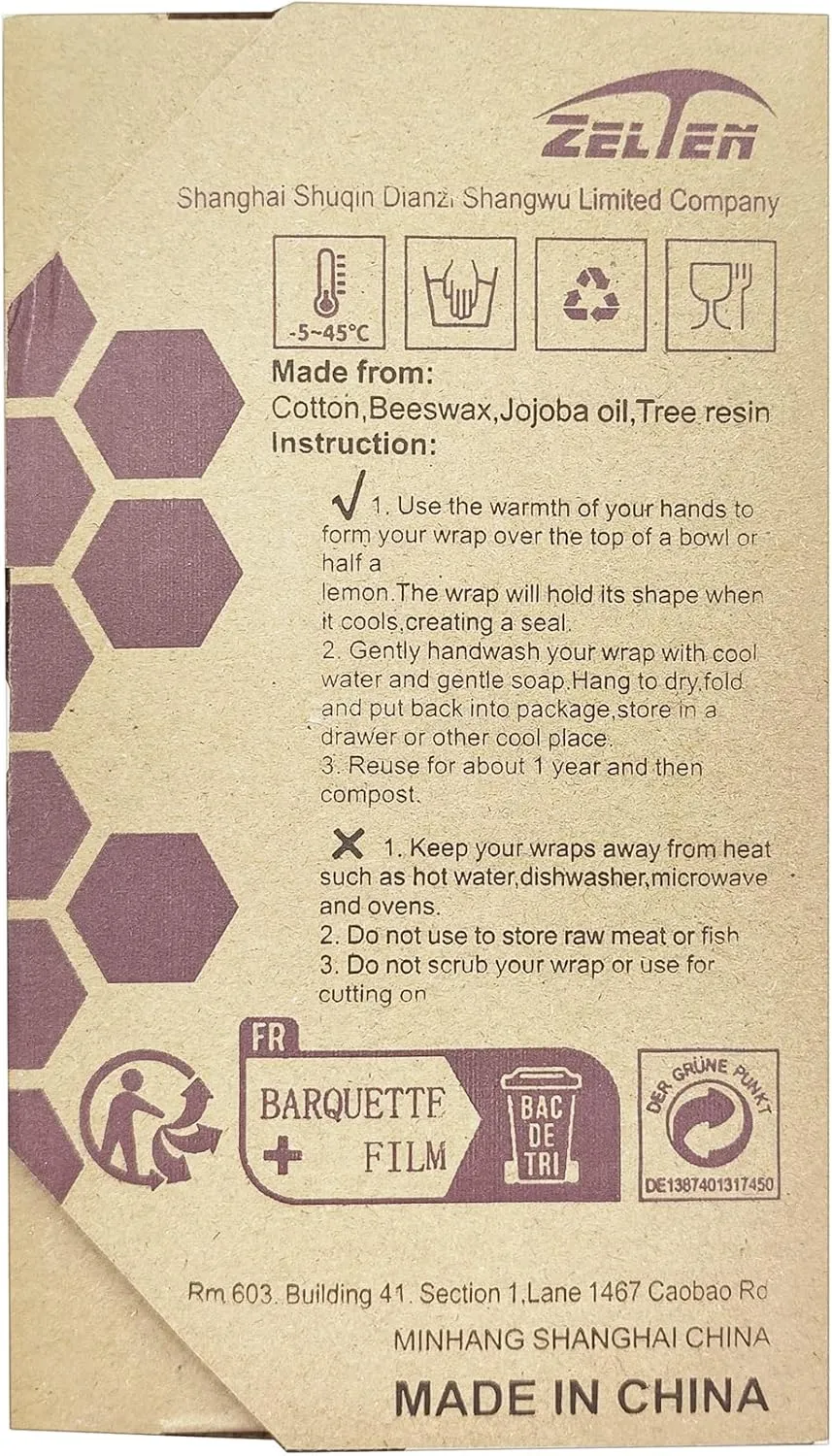 Zelten Beeswax Reusable Food Wraps - (6 Packs, 3 Sizes S,M,L, with 1 Meter Hemp Rope, Two Buttons) Plastic and Silicone Free, Eco-friendly Wrap, Wax Paper for Food,Strawberry