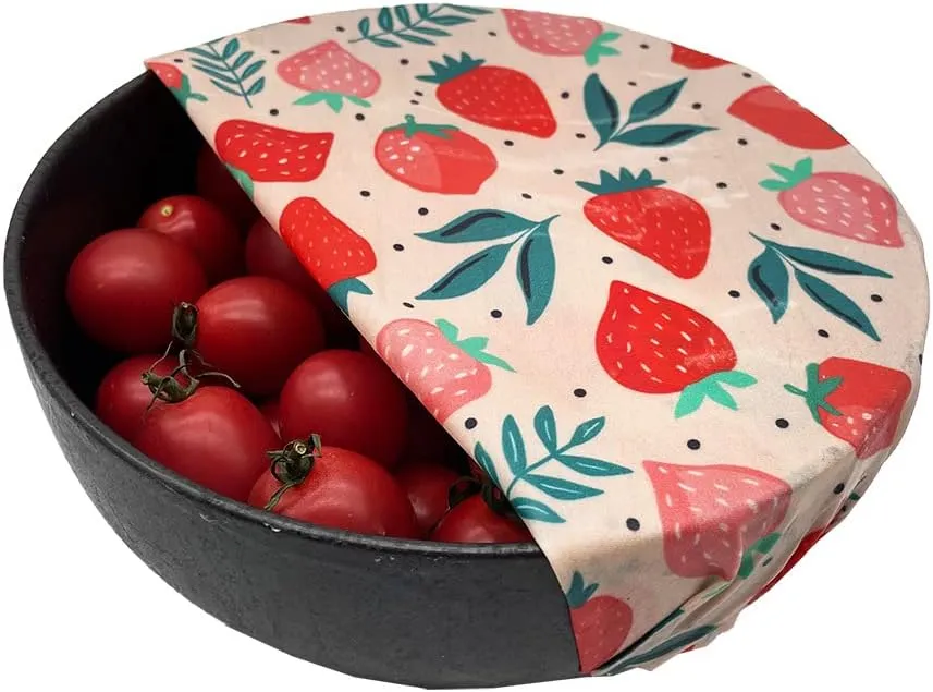 Zelten Beeswax Reusable Food Wraps - (6 Packs, 3 Sizes S,M,L, with 1 Meter Hemp Rope, Two Buttons) Plastic and Silicone Free, Eco-friendly Wrap, Wax Paper for Food,Strawberry