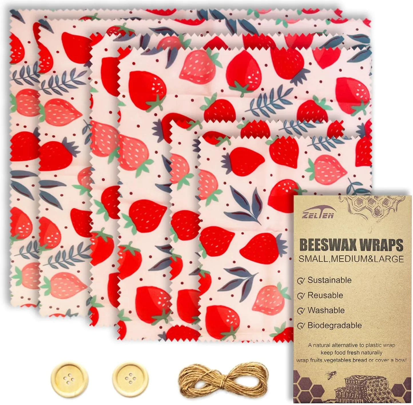 Zelten Beeswax Reusable Food Wraps - (6 Packs, 3 Sizes S,M,L, with 1 Meter Hemp Rope, Two Buttons) Plastic and Silicone Free, Eco-friendly Wrap, Wax Paper for Food,Strawberry