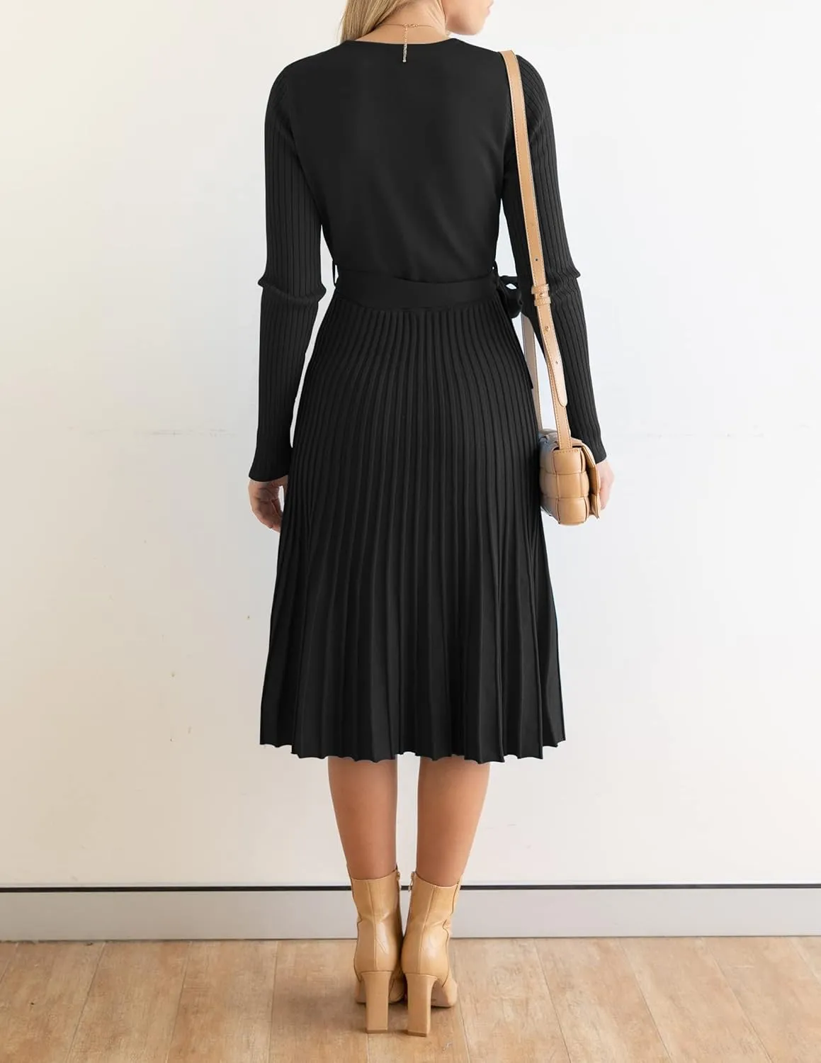 ZESICA Women's Fall Long Sleeve Wrap V Neck Ribbed Knit Pleated A Line Pullover Sweater Dress with Belt