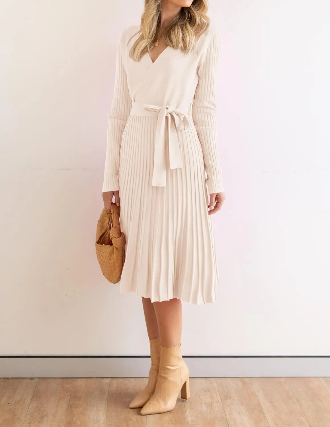 ZESICA Women's Fall Long Sleeve Wrap V Neck Ribbed Knit Pleated A Line Pullover Sweater Dress with Belt